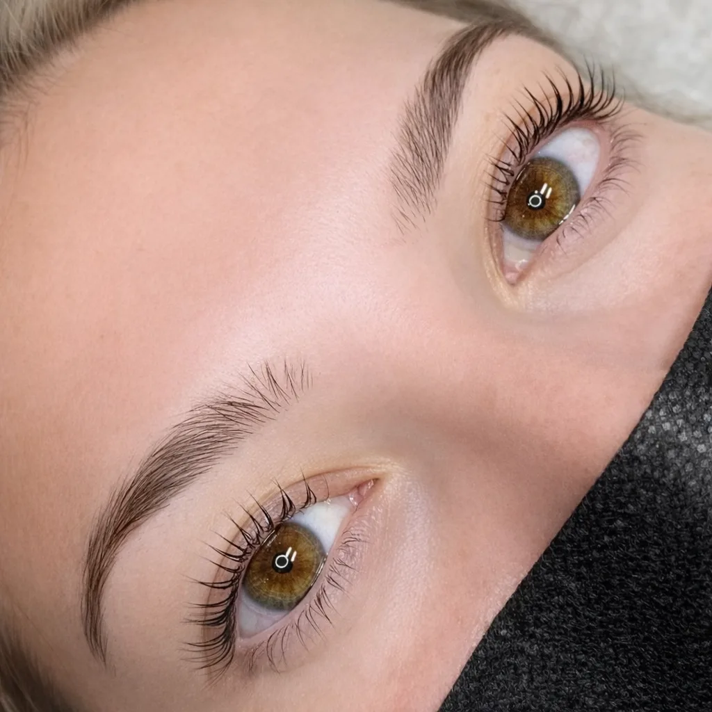 Keratin lash lift with brushed-up laminated brows, both eyes in close-up, K EYELASH & LIFT in Denville, NJ