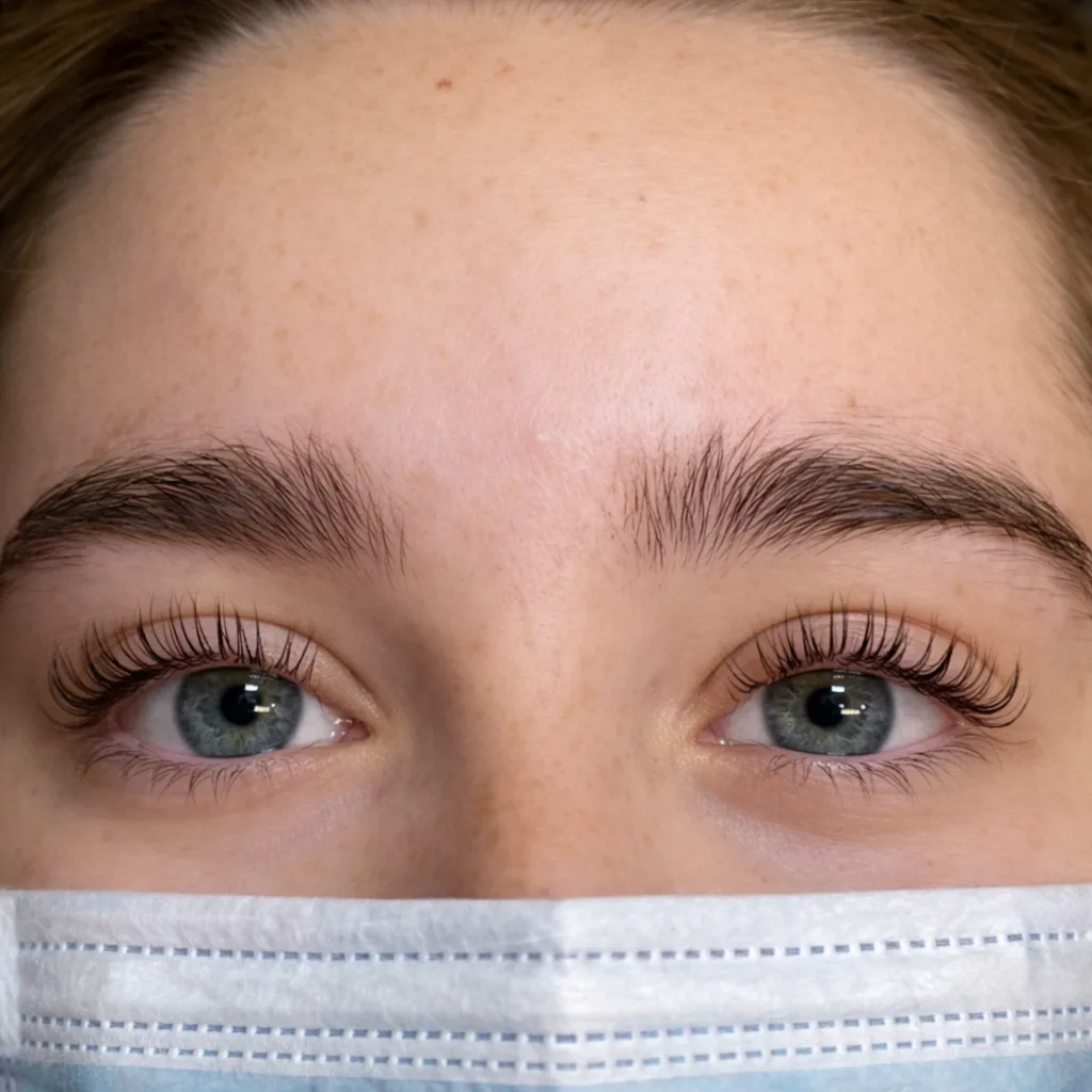 Keratin lash lift on light natural lashes, front view with full brows, K EYELASH & LIFT in Denville, NJ