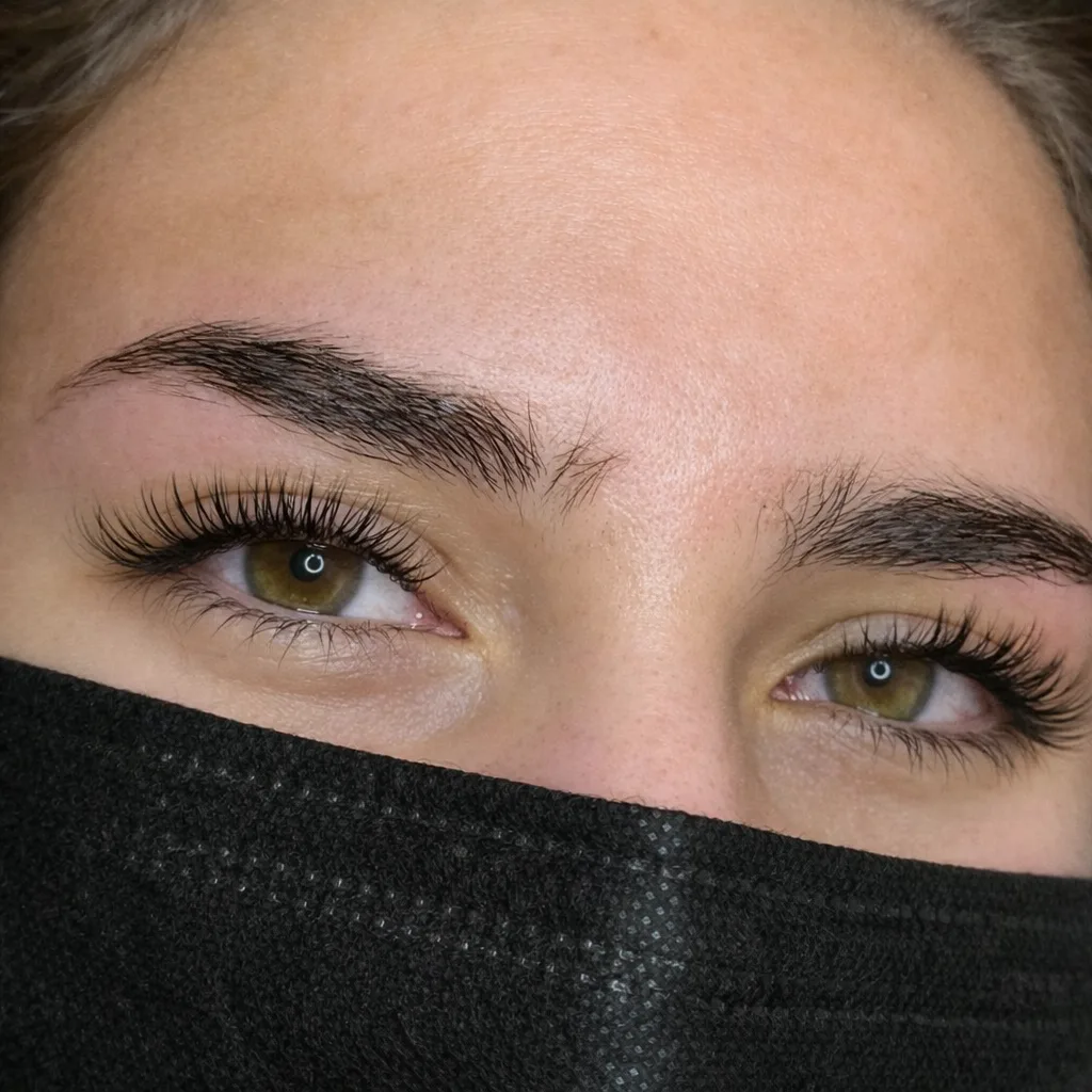 Volume lash extensions with laminated brows, front view, K EYELASH & LIFT in Denville, NJ